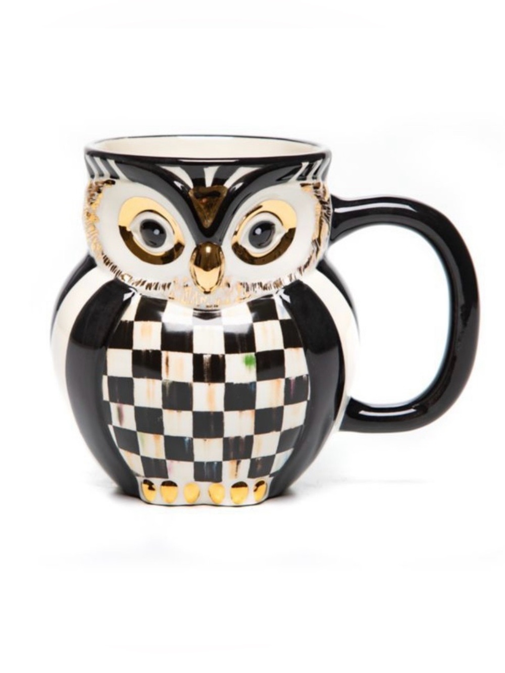 Mackenzie-Childs Courtly Check Owl Mug with Gold Accents. RARE!